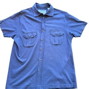Bruno New York Mens Short Sleeve Button Up Medium Navy Blue Stretch Preppy‎